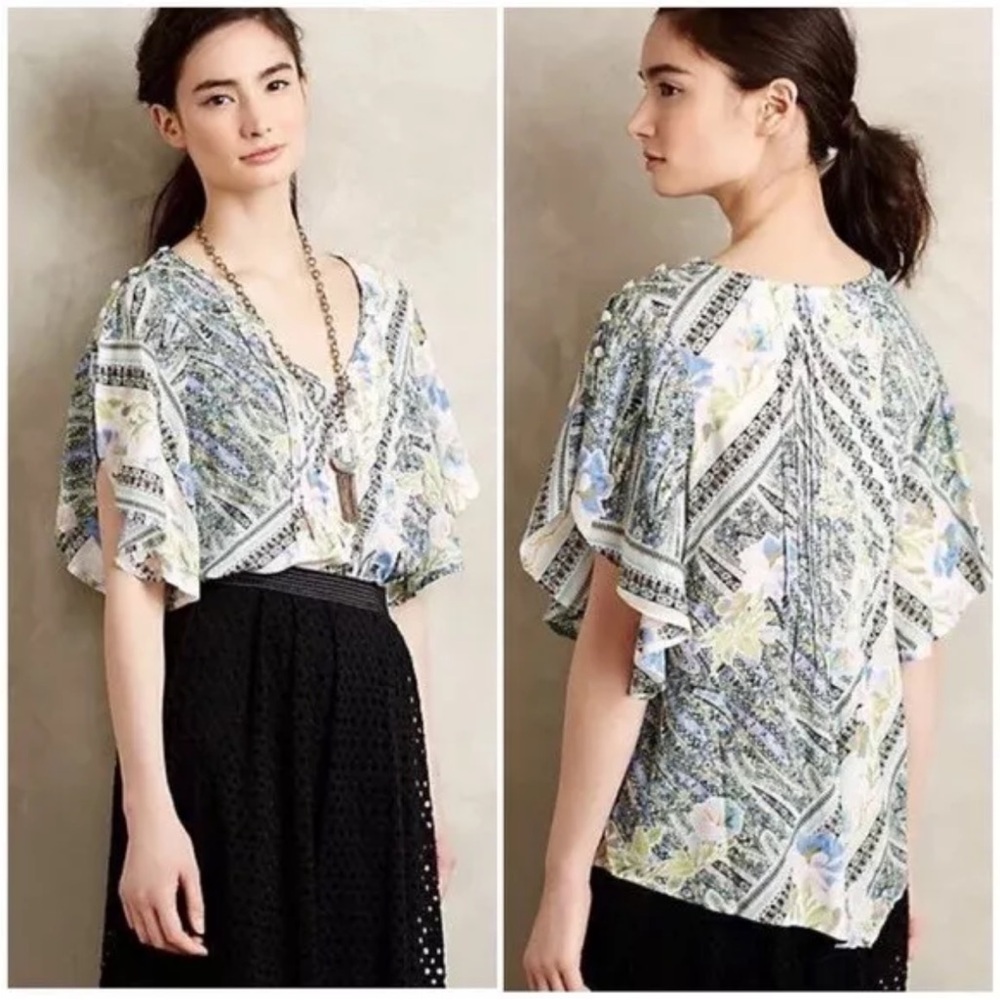 Anthropologie Maeve Maya Floral Flutter Sleeve Blouse Button Shoulder Size 6